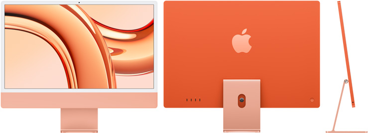 iMac w kolorze pomarańczowym z przodu, z tyłu i z boku