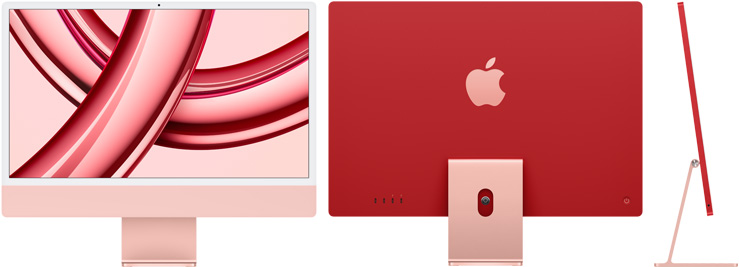 iMac i rosa sett forfra, bakfra og fra siden