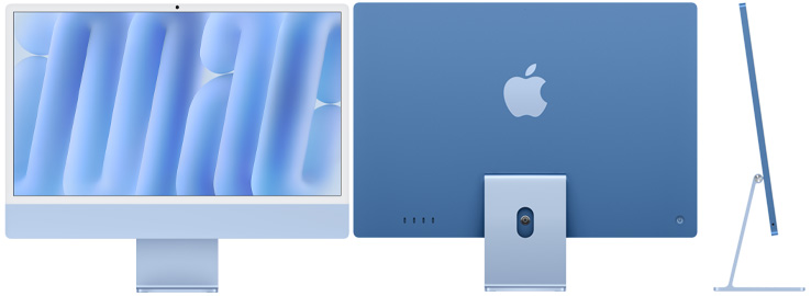 Vorder‑, Rück‑ und Seitenansicht des iMac in Blau