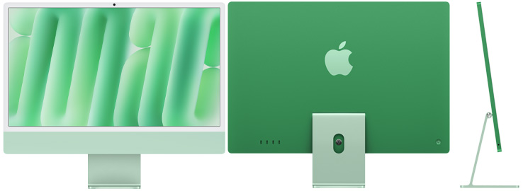 Vorder‑, Rück‑ und Seitenansicht des iMac in Grün