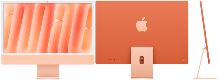 Vorder‑, Rück‑ und Seitenansicht des iMac in Orange