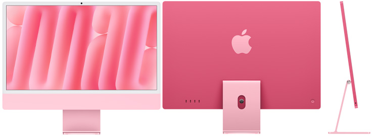Vorder‑, Rück‑ und Seitenansicht des iMac in Pink