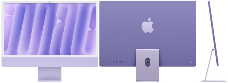 Vorder‑, Rück‑ und Seitenansicht des iMac in Violett