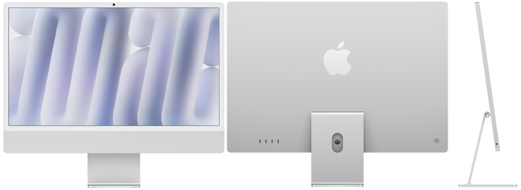 Vorder‑, Rück‑ und Seitenansicht des iMac in Silber