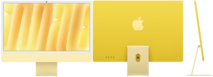 Vorder‑, Rück‑ und Seitenansicht des iMac in Gelb