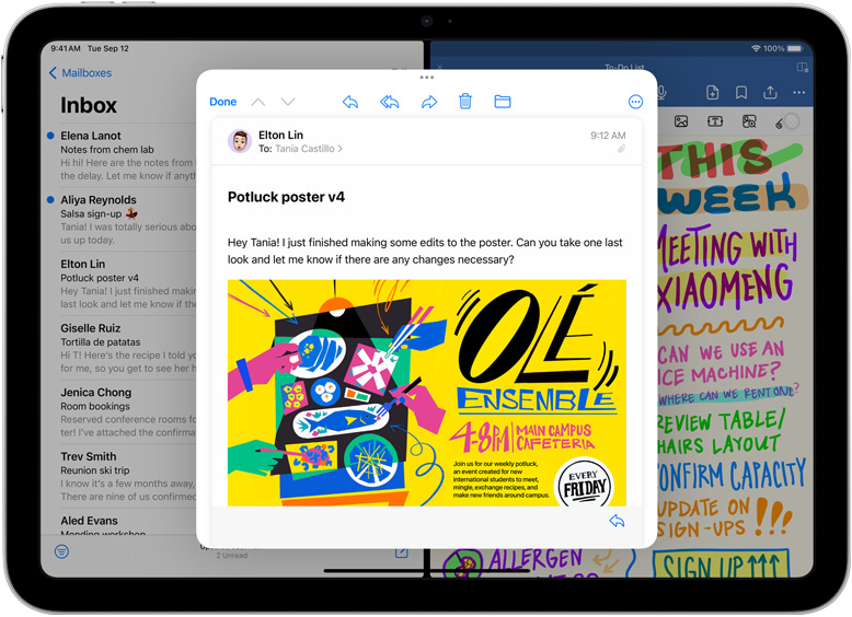 A Mail és a GoodNotes fut egymás mellett egy iPaden kijelzőjén