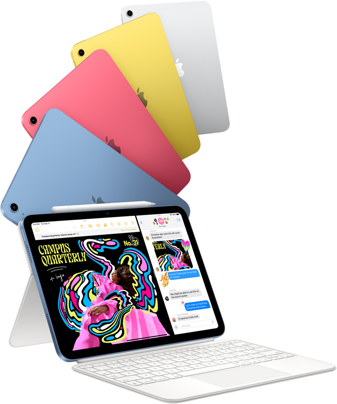 iPad in Blau, Pink, Gelb und Silber und ein iPad verbunden mit dem Magic Keyboard Folio.