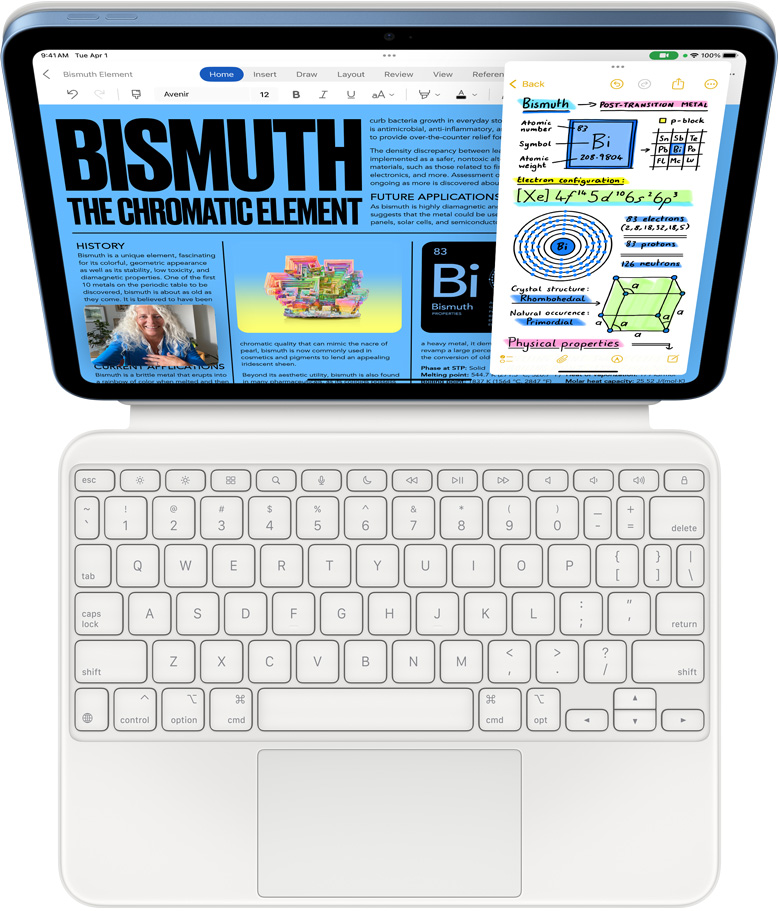 iPad ansluten till Magic Keyboard Folio. På skärmen visas Slide Over med Microsoft Word och Anteckningar, samtidigt som ett FaceTime-samtal pågår.