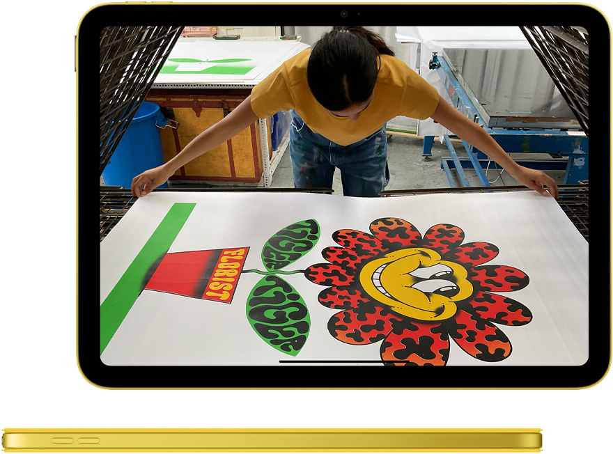 Photos on iPad, and side view of Yellow iPad with matching Smart Folio cover