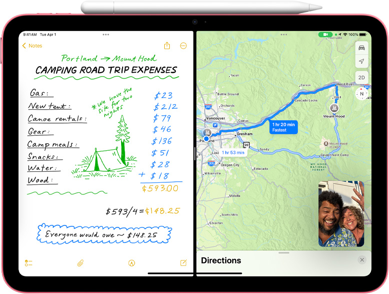 Matematikanteckningar i Kartor med ett FaceTime-samtal bild-i-bild på iPad.