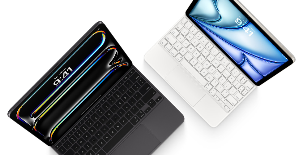 Felülnézeti kép az iPad Próhoz készült fekete Magic Keyboardhoz csatlakoztatott iPad Próról és a fehér Magic Keyboardhoz csatlakoztatott iPad Airről.