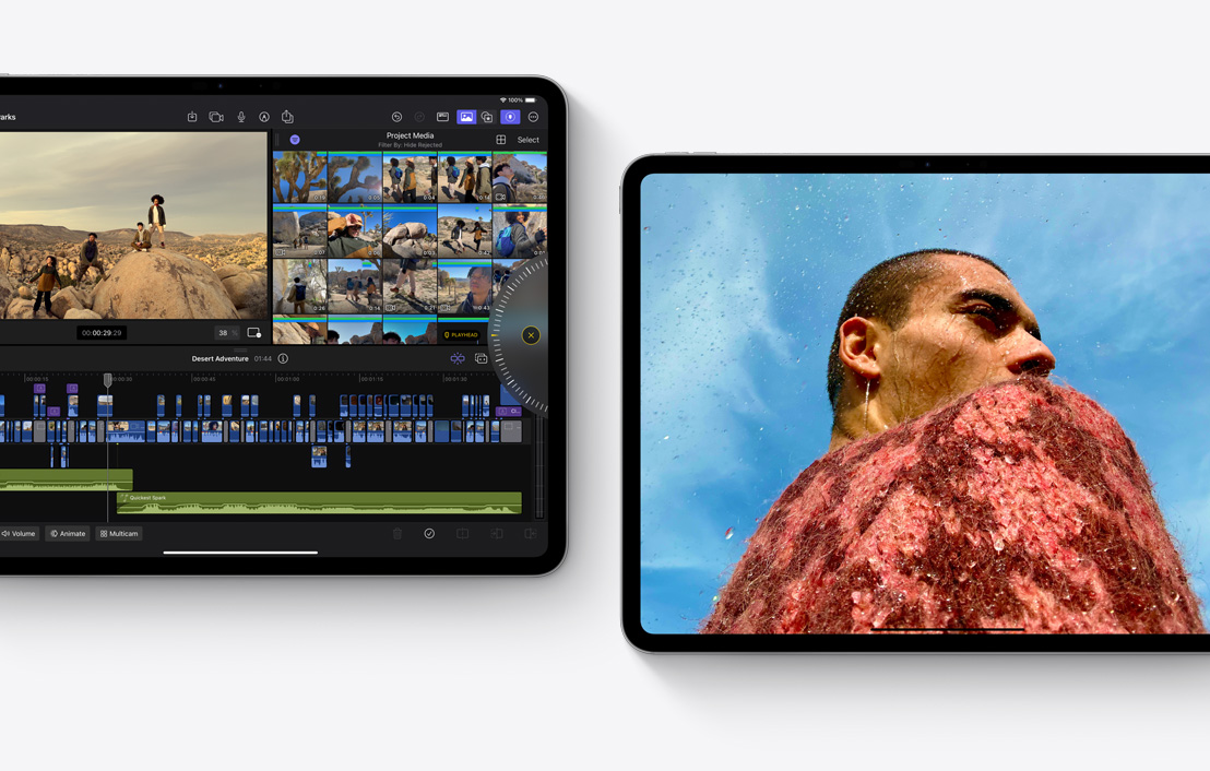 Dwa iPady Pro pokazujące aplikacje Final Cut Pro 2.0 i Zdjęcia.