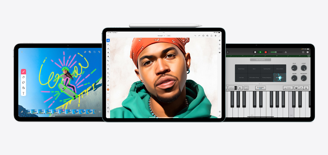 En iPad og to iPad Air-enheder viser appsene FlipaClip, Adobe Fresco og GarageBand.