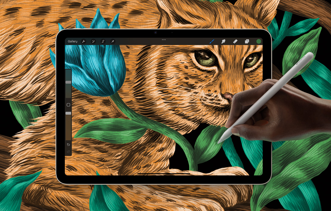 An Pad Air showcasing a Procreate drawing that's spreading out into the background.