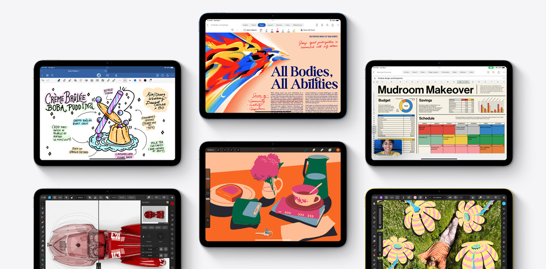 Zestaw sześciu różnych iPadów pokazujących różne aplikacje, w tym Goodnotes 6, Affinity Designer 2, Microsoft Word, Procreate, Microsoft Excel, WebEx i Affinity Photo 2.