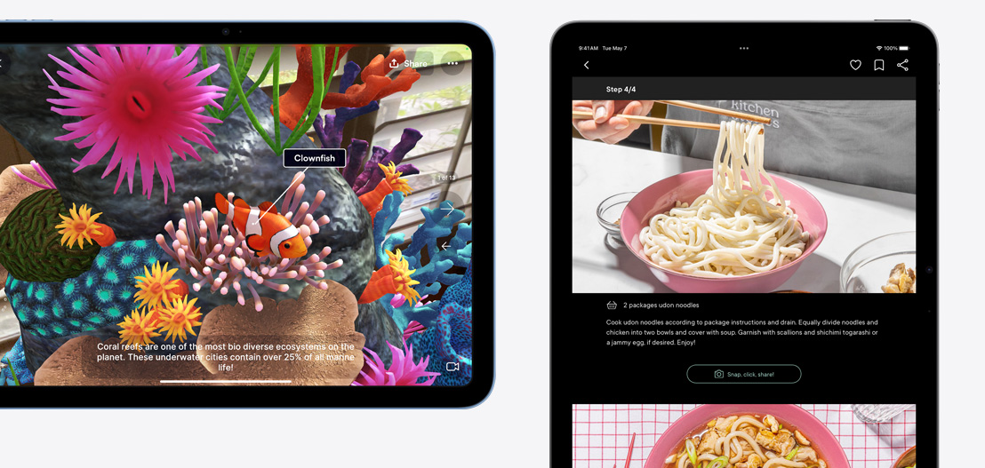 En iPad og en iPad Air viser appene Jigspace og Kitchen Stories.