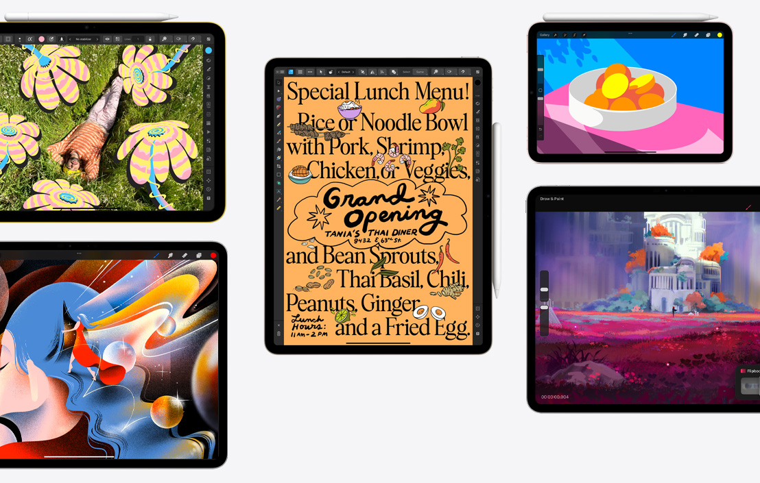 En samling av fem ulike iPader med ulike apper, inkludert Affinity Photo 2, Procreate, Affinity Designer 2 og Procreate Dreams.