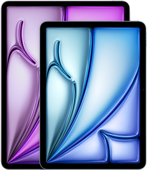 A 13 hüvelyekes iPad Air és a 11 hüvelykes iPad Air elölnézeti képe a méretbeli különbségek érzékeltetéséhez.