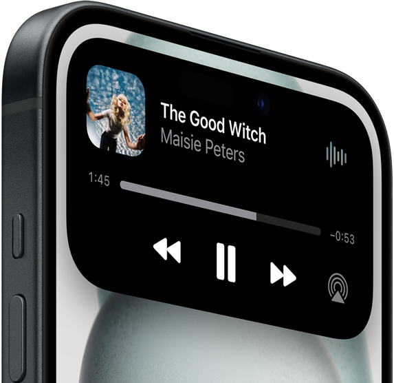 iPhone 15 ekraanil kuvatakse Dynamic Islandi laiendatud vaade muusika esitamisest.
