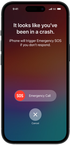 Pe ecranul Detectare accident este afișat mesajul „Se pare că ai suferit un accident. iPhone va declanșa S.O.S. urgențe dacă nu răspunzi.”