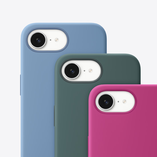 Custodie in silicone per iPhone 16e mostrate da dietro nei colori blu inverno, verde lago e fucsia.