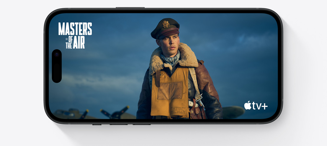 A horizontal iPhone 15 displays a scene from the hit AppleTV+ show, Masters of the Air.