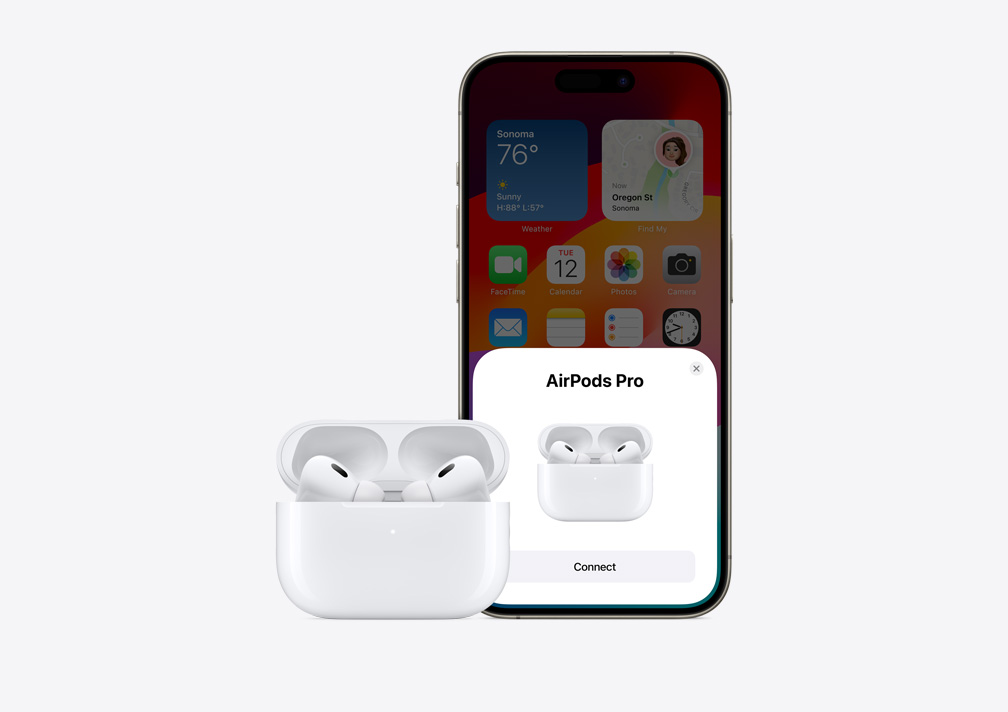 Kujutis AirPodsi lihtsast ühe puudutusega seadistusest iPhone'il.