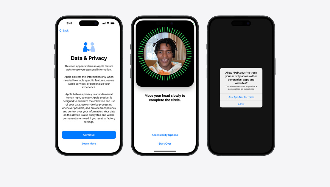 Trys „iPhone“ modeliai, kuriuose parodyti skirtingi kasdienių privatumo funkcijų pavyzdžiai, įskaitant „Face ID“.