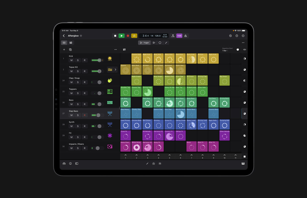 Interface de usuário de uma função de gravação e composição de loops no Logic Pro para iPad.