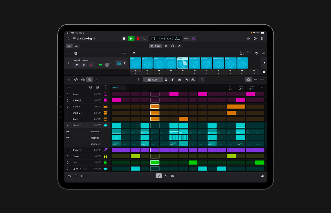 User interface of Step Sequencer in Logic Pro for iPad.