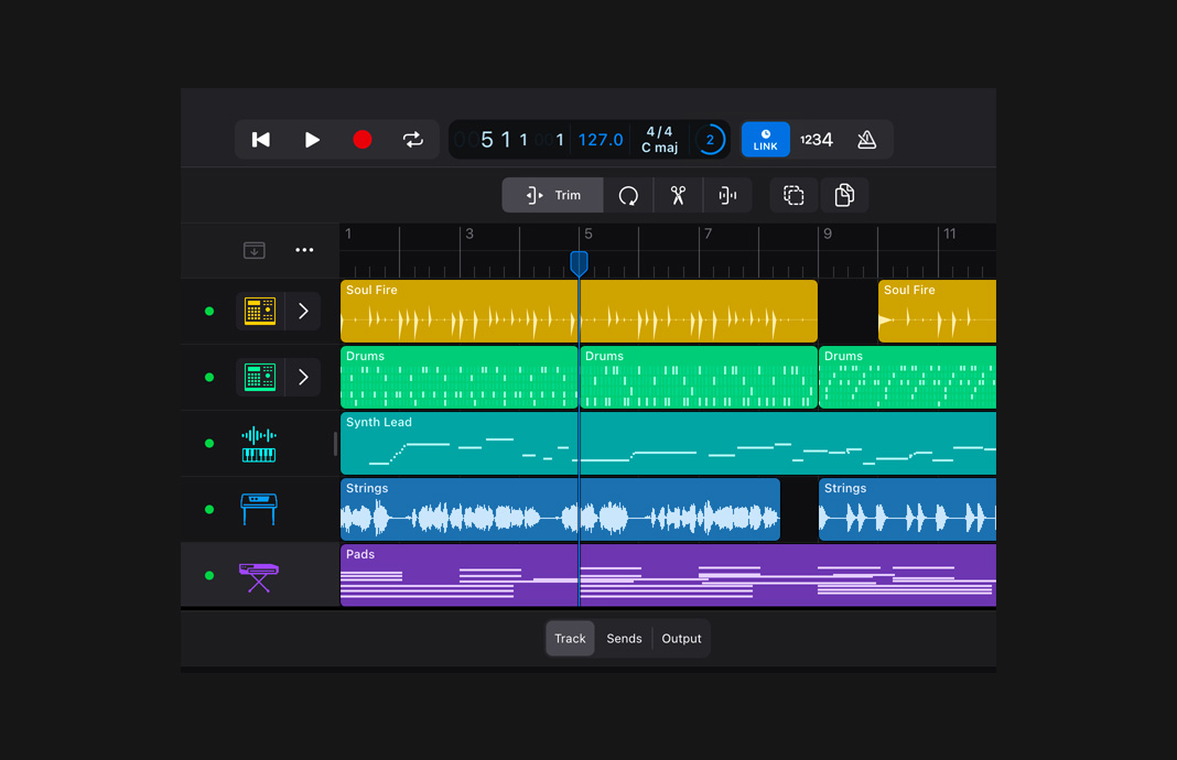 Imagem de uma seleção de instrumentos digitais compatíveis com o Ableton Link no Logic Pro para iPad do iPad Pro.