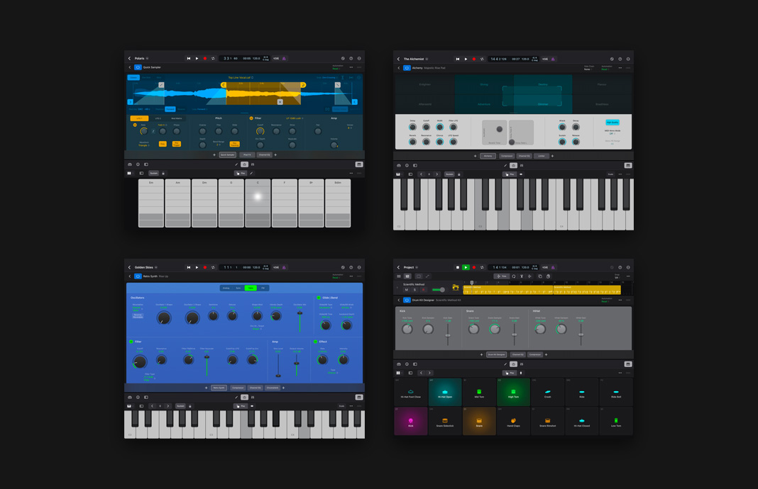 Effets sonores de plusieurs instruments en cours d’ajustement dans Logic Pro pour iPad sur iPad Pro.