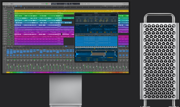 Imagem de um grande projeto com várias faixas do Logic Pro em um monitor ao lado do Mac Pro.