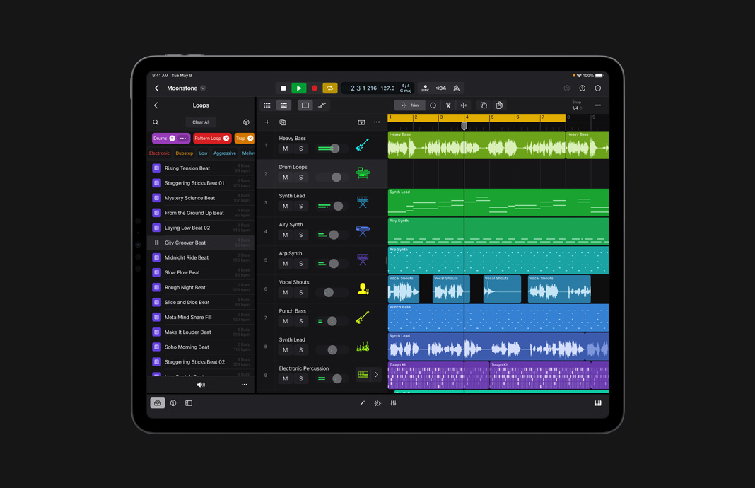 Sistema de filtrado de búsquedas para todos los sonidos disponibles, mostrado en Logic Pro en un iPad Pro.