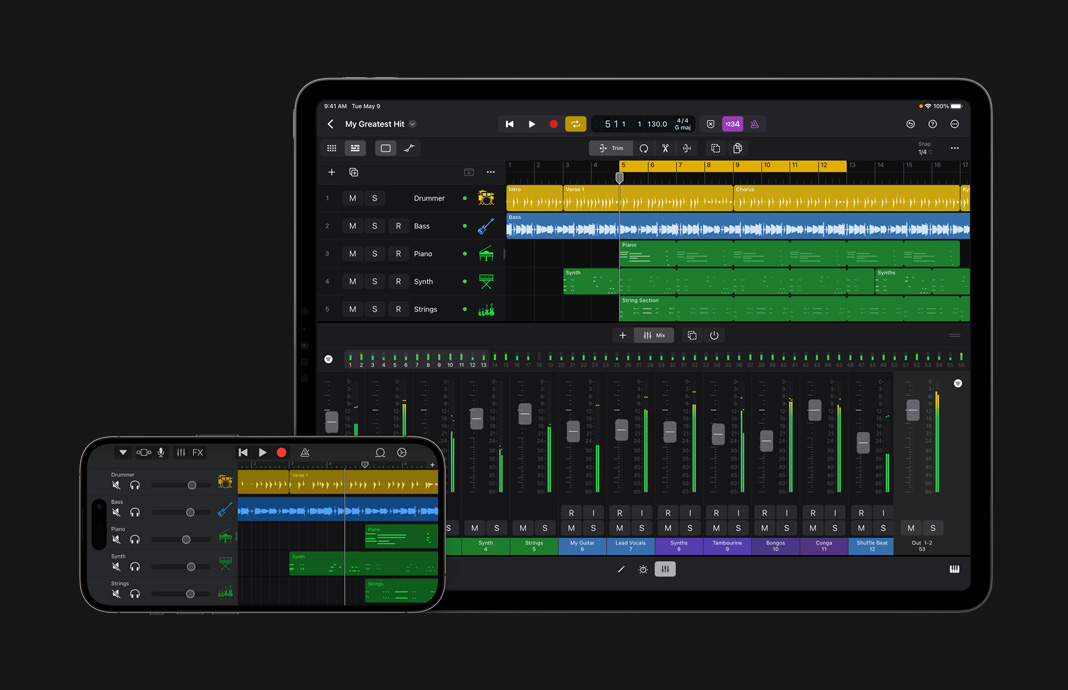 GarageBand의 프로젝트를 iPad용 Logic Pro로 가져온 모습.