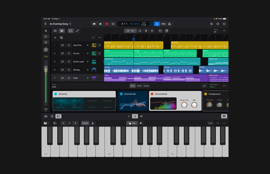 A collection of software instruments compatible with Ableton Link are shown in Logic Pro for iPad on iPad Pro.
