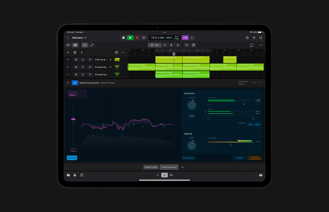 iPad Pro 上的 iPad 版 Logic Pro 展示用於找尋所有可用聲音效果的搜尋過濾系統。