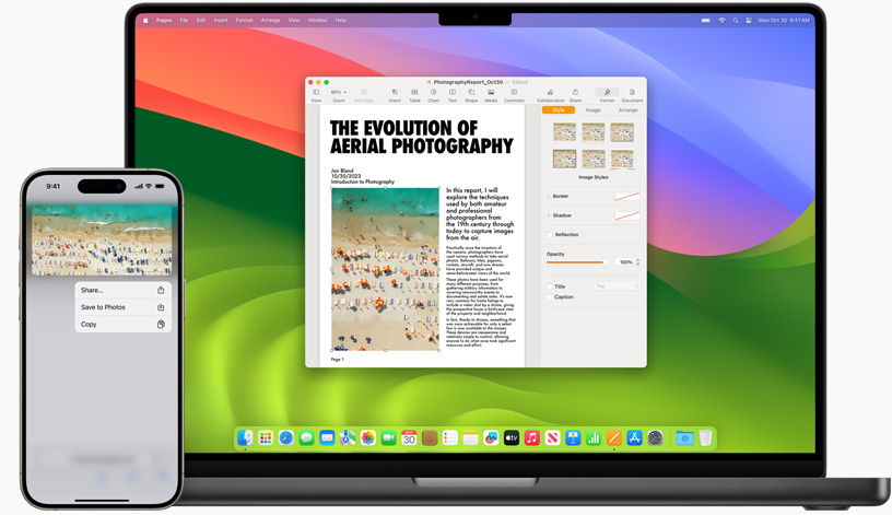 Une image est copiée sur iPhone 15 et collée dans un document Pages sur MacBook Pro.