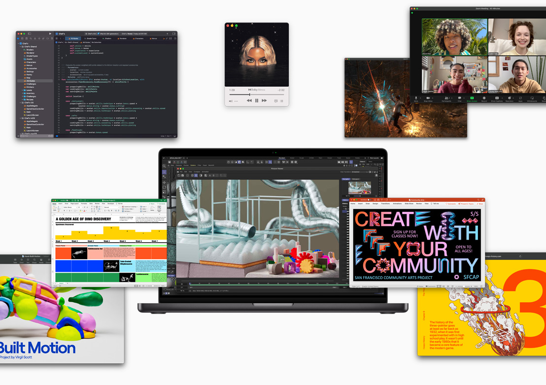 Ekrany przedstawiające oprogramowanie obsługiwane przez układy scalone Apple: Xcode, Apple Music, Zoom, Excel, Powerpoint, Keynote, Adobe After Effects, Safari i oprogramowanie do gier.