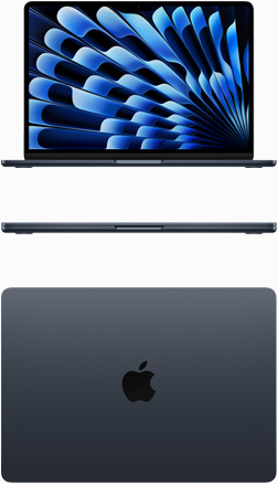 Vidurnakčio spalvos „MacBook Air“ vaizdas iš priekio ir viršaus