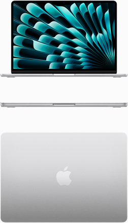 Etu- ja ylänäkymä hopeanvärisestä MacBook Airista