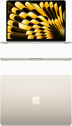 Prednji pogled i odozgo na MacBook Air u zvjezdano bijeloj boji