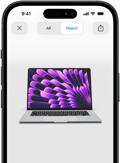 Voorbeeld van AR-weergave van MacBook Air in de kleur spacegrijs op iPhone