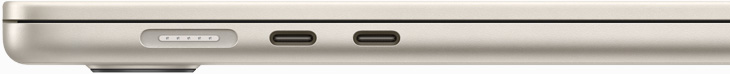 MacBook Air vist fra siden for at fremhæve MagSafe-porten og de to Thunderbolt-porte