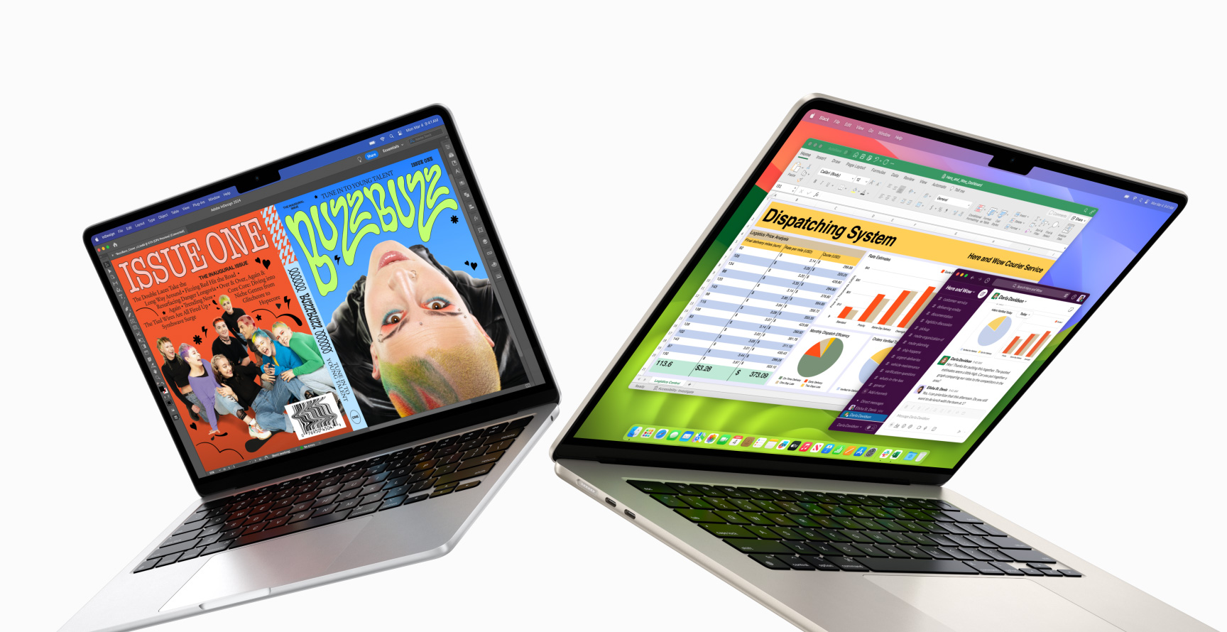 Partially open 13-inch MacBook Air on left and 15-inch MacBook Air on right. 13-inch screen shows colourful ‘zine cover created with In Design. 15-inch screen shows Microsoft Excel and Slack.