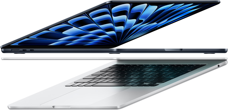 Imagen lateral de dos MacBook Air con chip M3, una color medianoche y la otra color plata