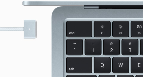 MacBook Air in Sky Blue colour with colour-matched MagSafe cable
