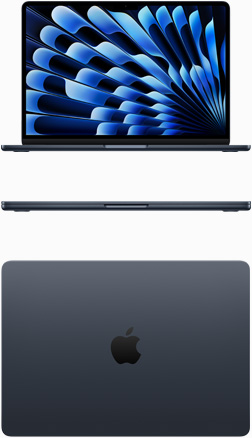 午夜暗色 MacBook Air 正面圖及俯視圖