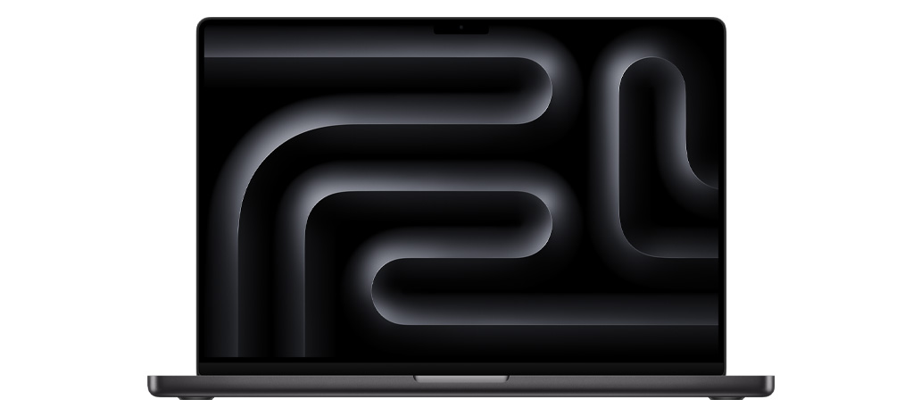 มุมมองด้านหน้าของ MacBook Pro สีดำสเปซแบล็คใหม่ที่เปิดกางอยู่