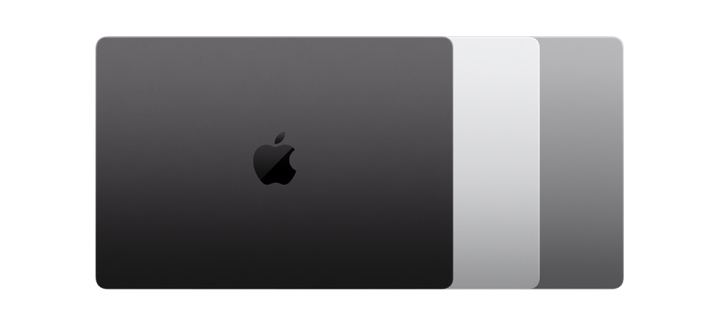 展示 MacBook Pro 提供的三種外觀：太空黑色、銀色和太空灰色。